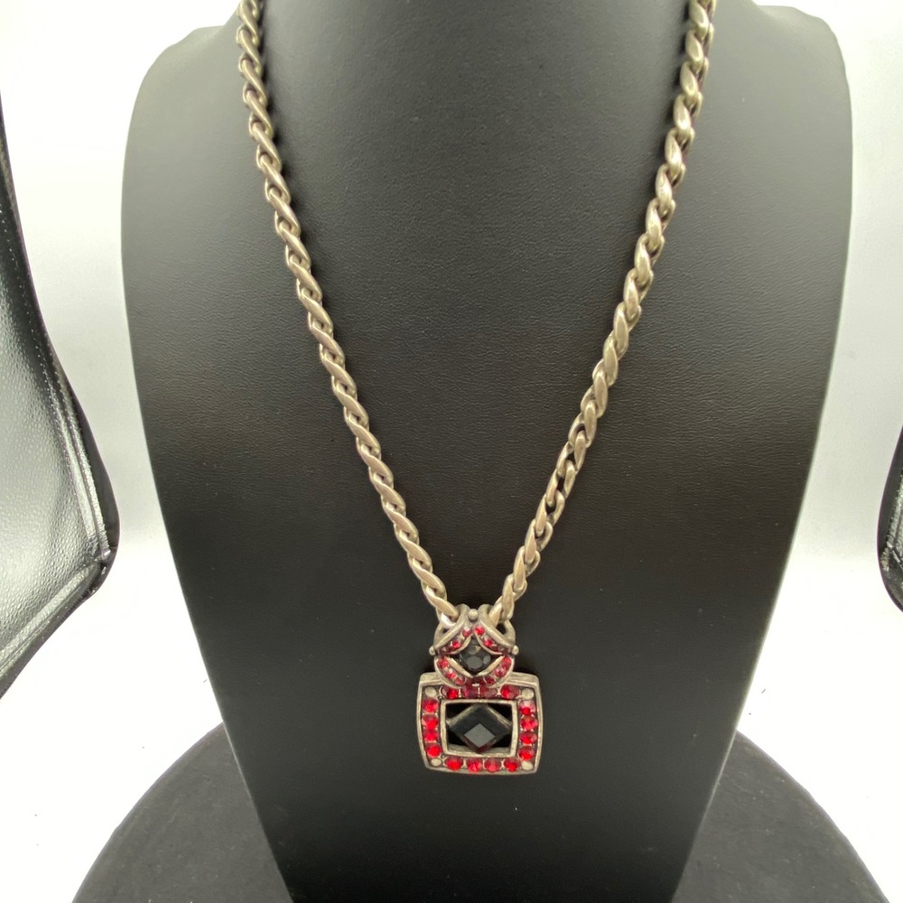 Chico's Necklace Red Black Rhinestone Geometric Pendant Silver Chain Goth Bold